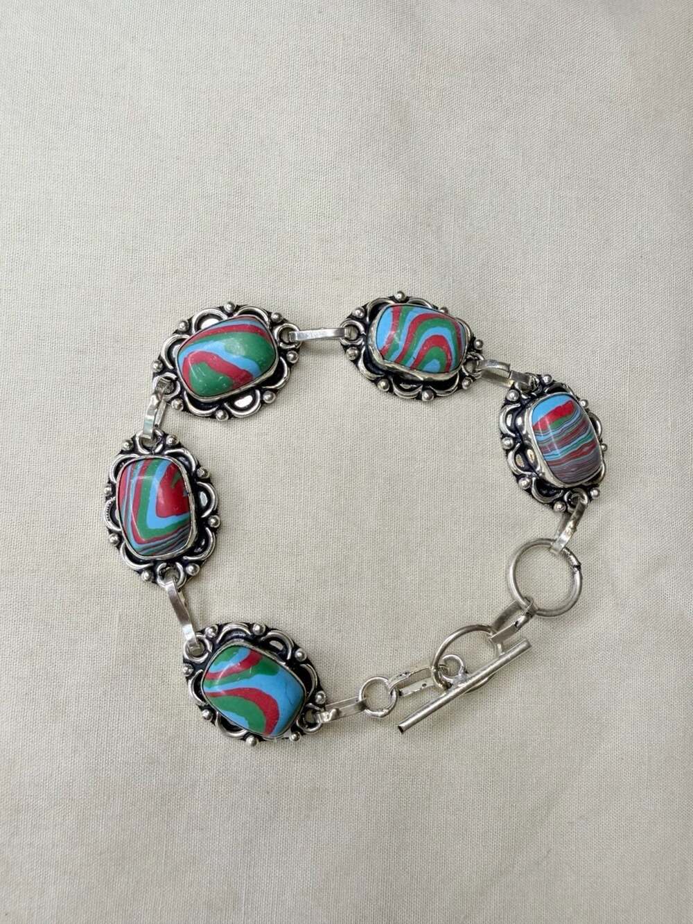 Artisan Sterling Silver 925 Multi Color Swirl Stone Toggle Bracelet